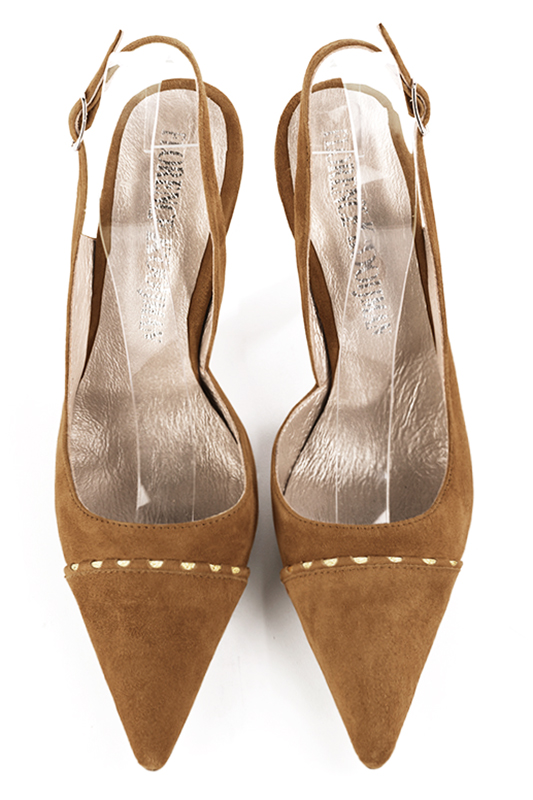 Camel beige and gold women's slingback shoes. Pointed toe. High slim heel. Top view - Florence KOOIJMAN